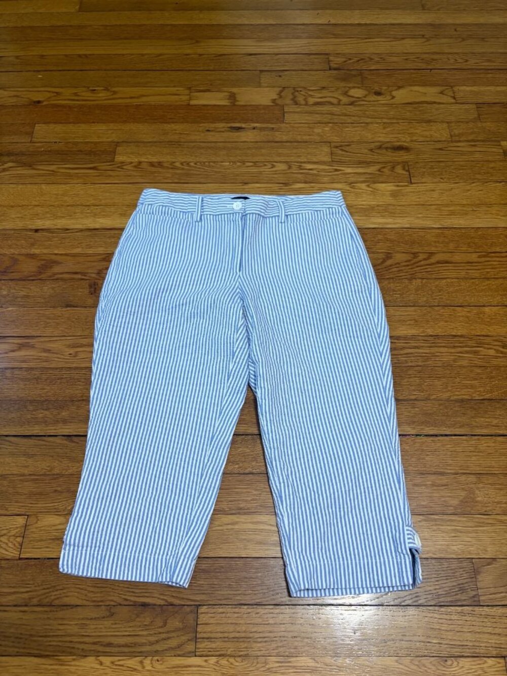 Talbots Womens Cropped Pants Size 6p 6 Petite Blue White Striped Seersucker